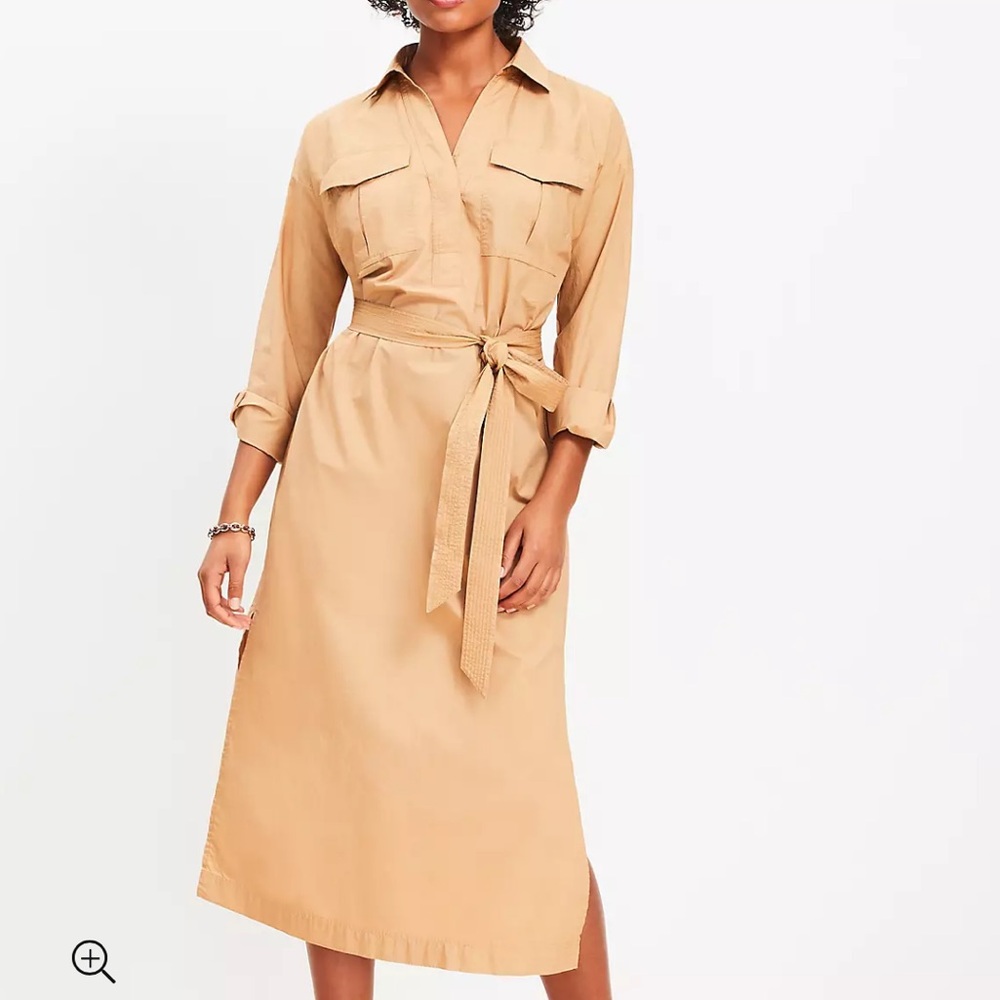 NWT Loft Belted Pocket Midi Shirtdress Camel 10